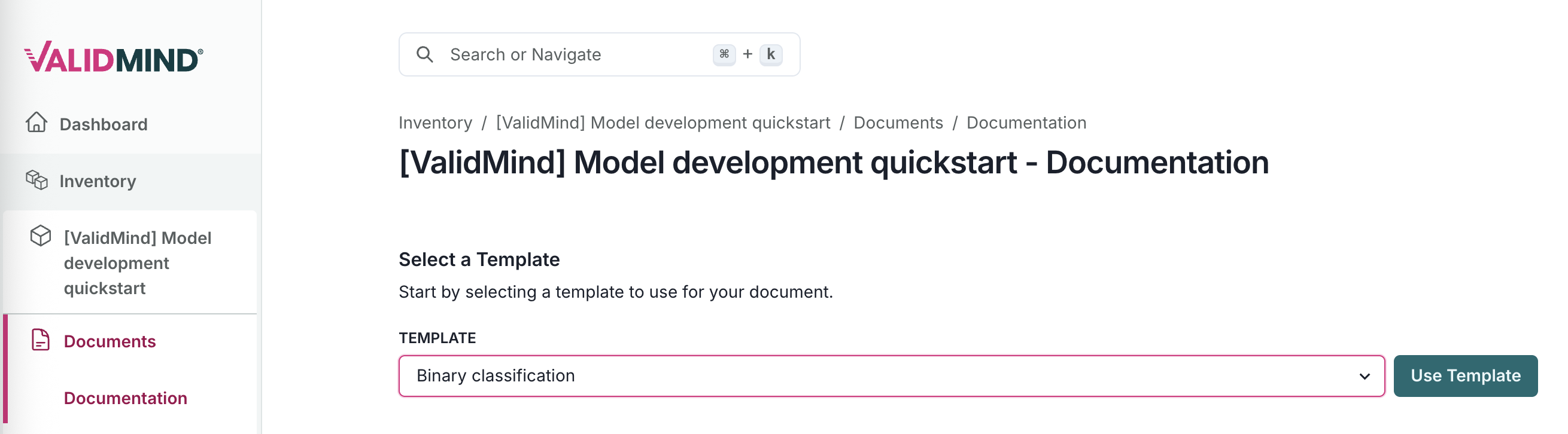 A screenshot showing the model documentation template selection