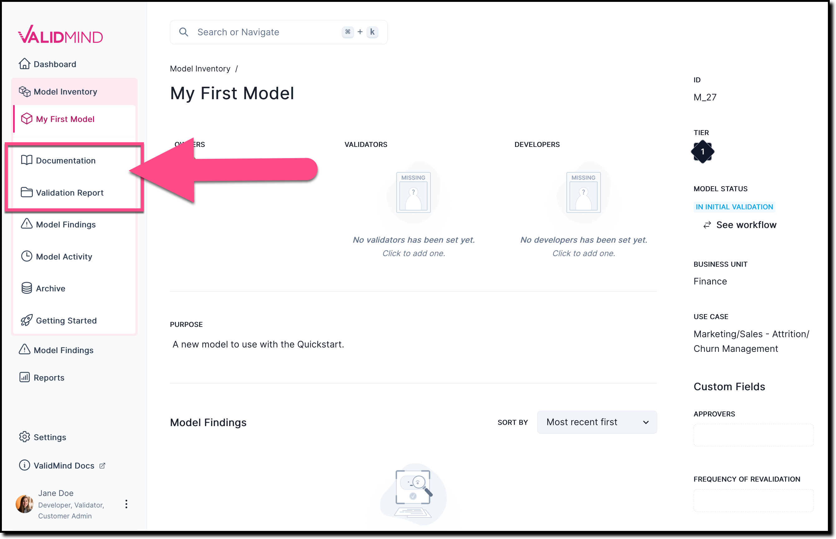 The main page for a model with the Documentation and Validation Report options highlighted in the left sidebar