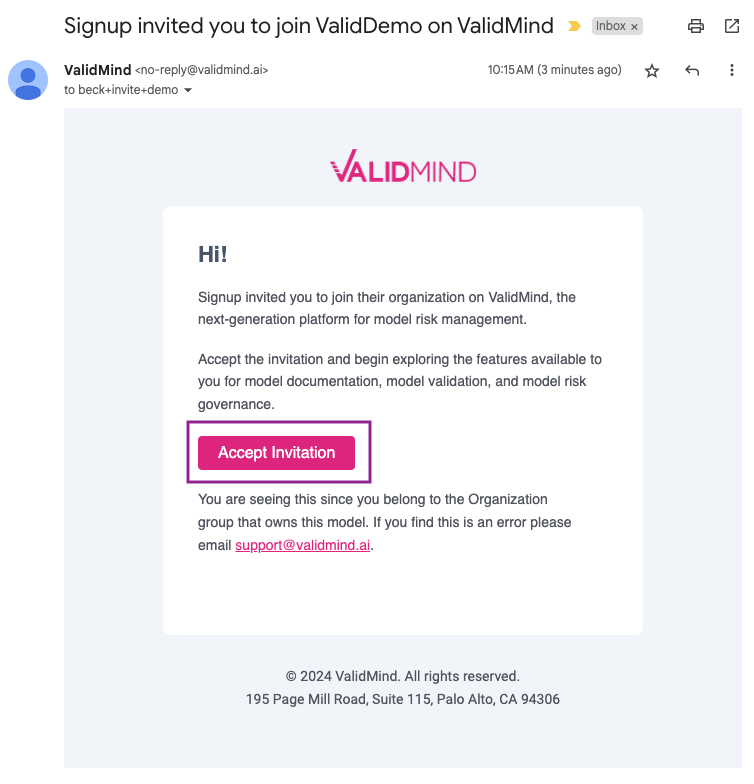 Screenshot of the Validmind organization invite email