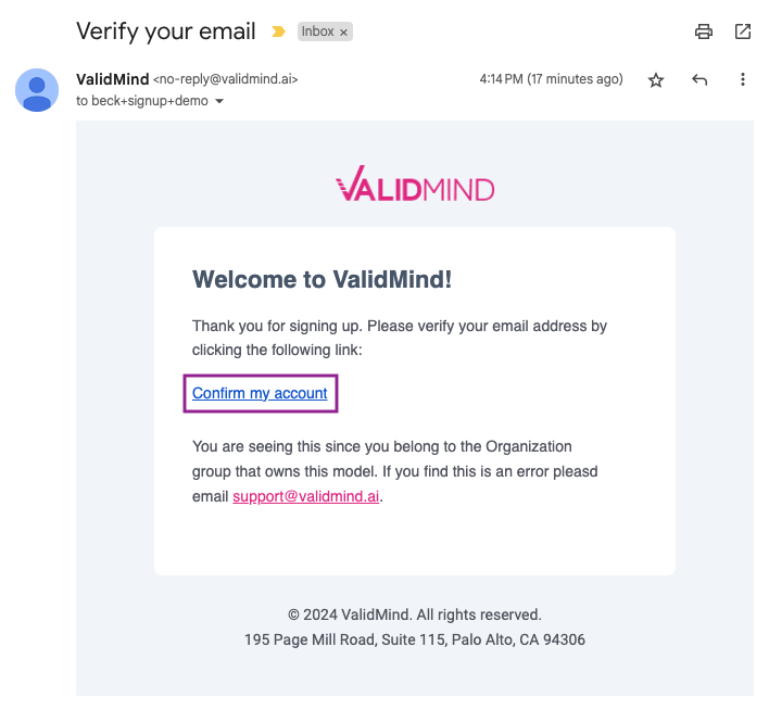 Screenshot of the verification email sent by ValidMind