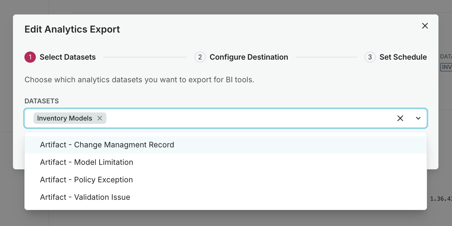Create Analytics Export modal showing Select Datasets step and datasets dropdown.