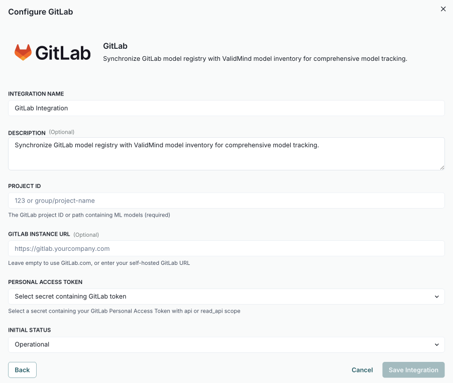 Screenshot of the Configure GitLab dialog showing fields for integration name, description, project ID, GitLab instance URL, personal access token, and initial status.