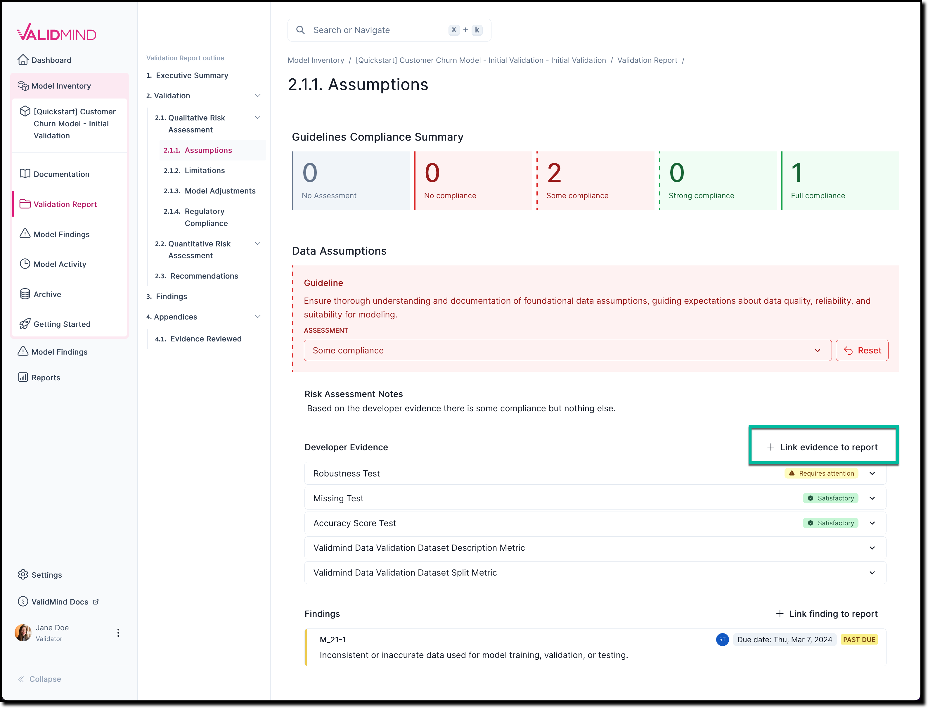 A screenshot of the validation report section 2.1.1. that shows a compliance assessment with the option to link to evidence