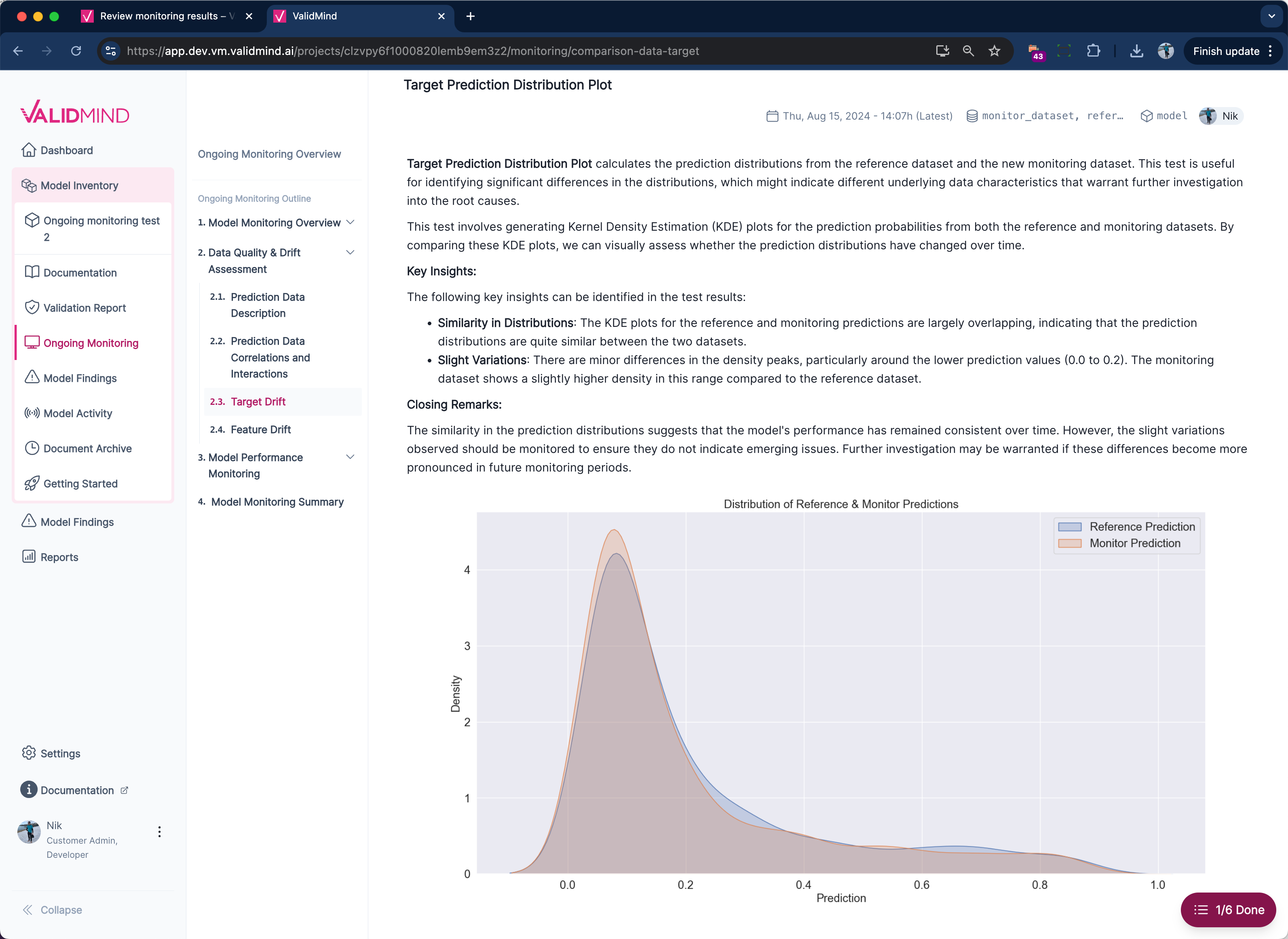 An image showing sample monitoring results in the ValidMind platform