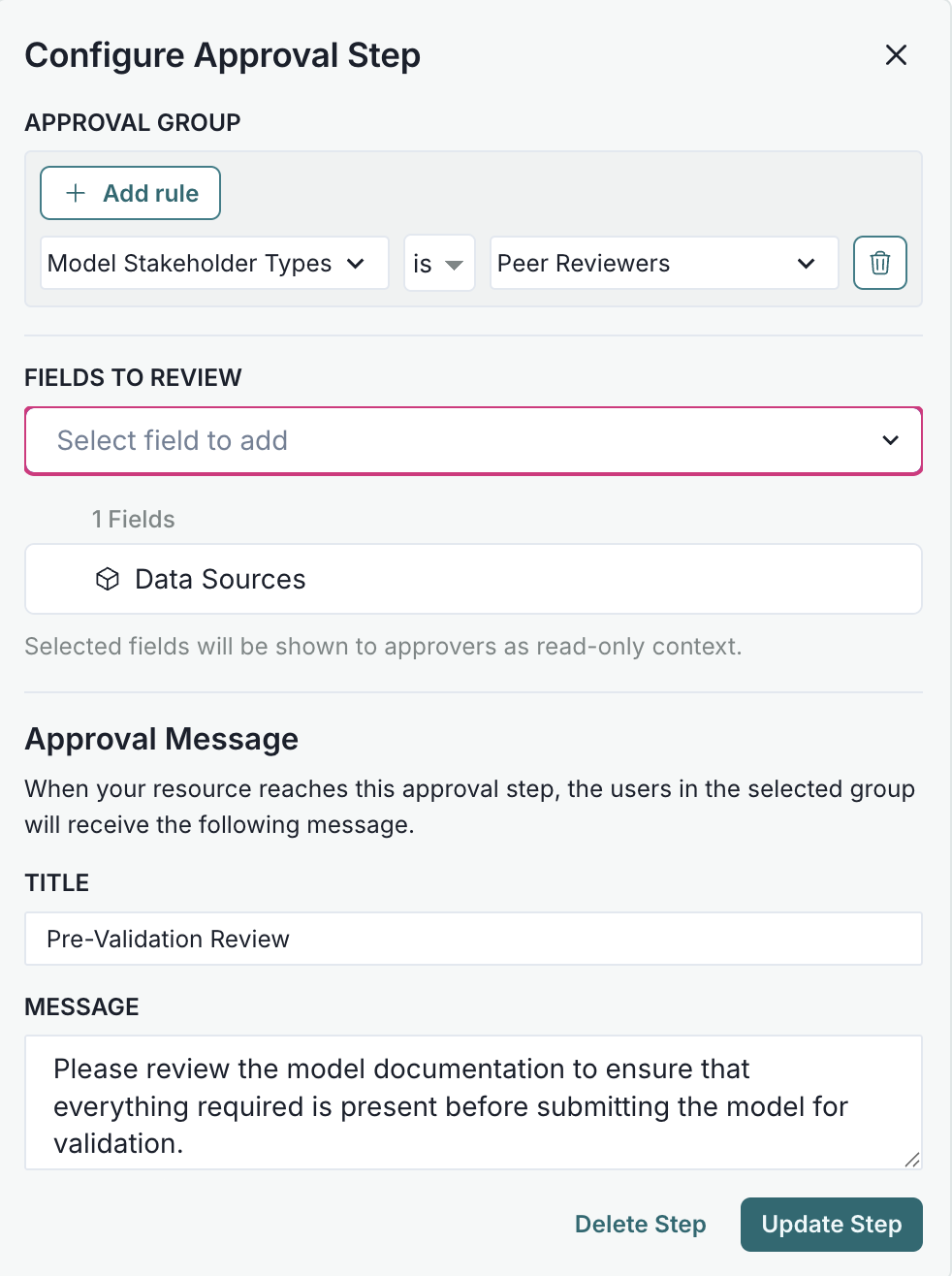 A screenshot showing an example Approval configuration modal