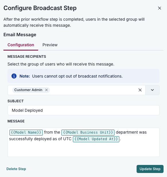 A screenshot showing an example Broadcast configuration modal