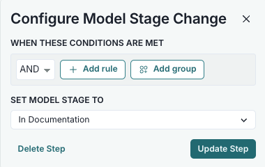 A screenshot showing an example Model Stage Change configuration modal