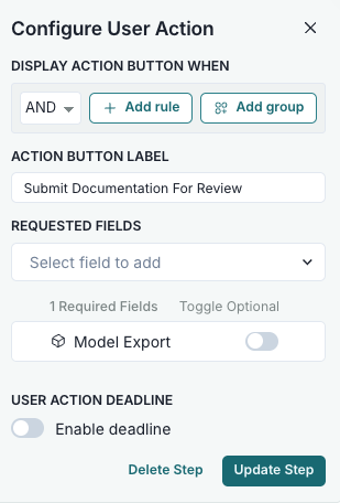 A screenshot showing an example User Action v2 configuration modal