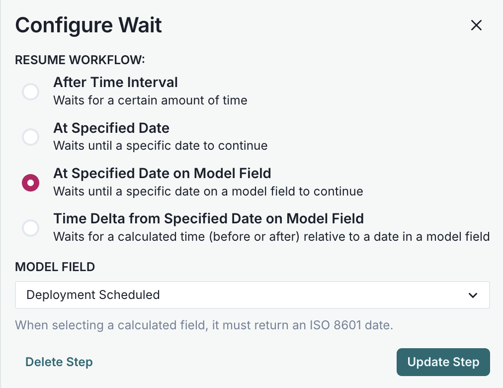 A screenshot showing an example Wait configuration modal