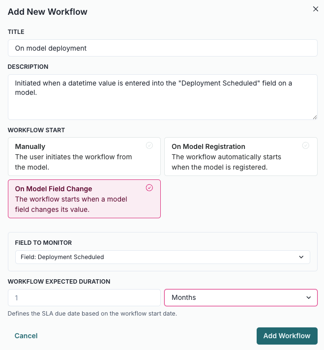 A screenshot showing the modal for adding a workflow that is initiated when a model has a scheduled deployment date