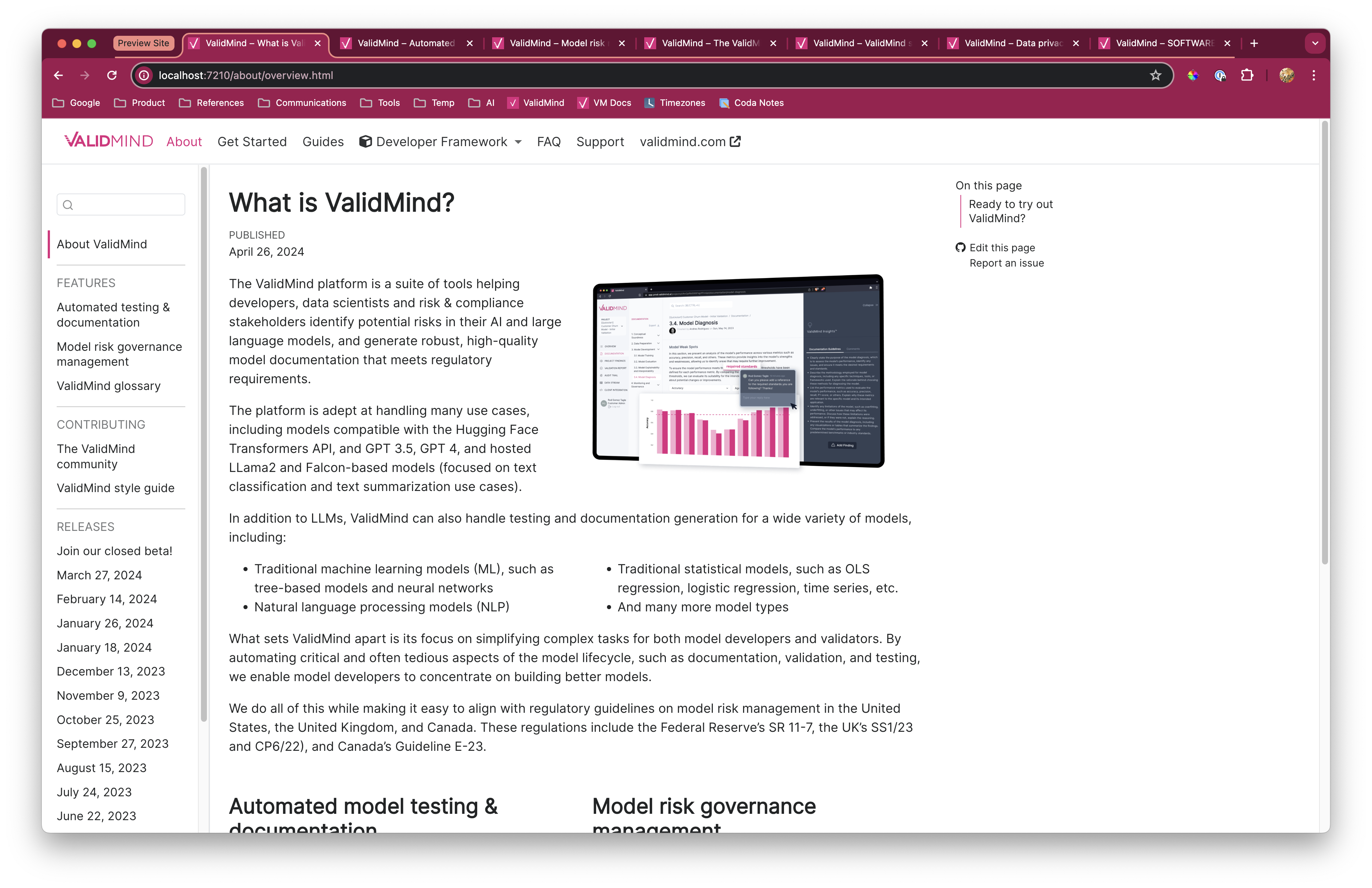 A screenshot of the ValidMind docs site showing the new About section