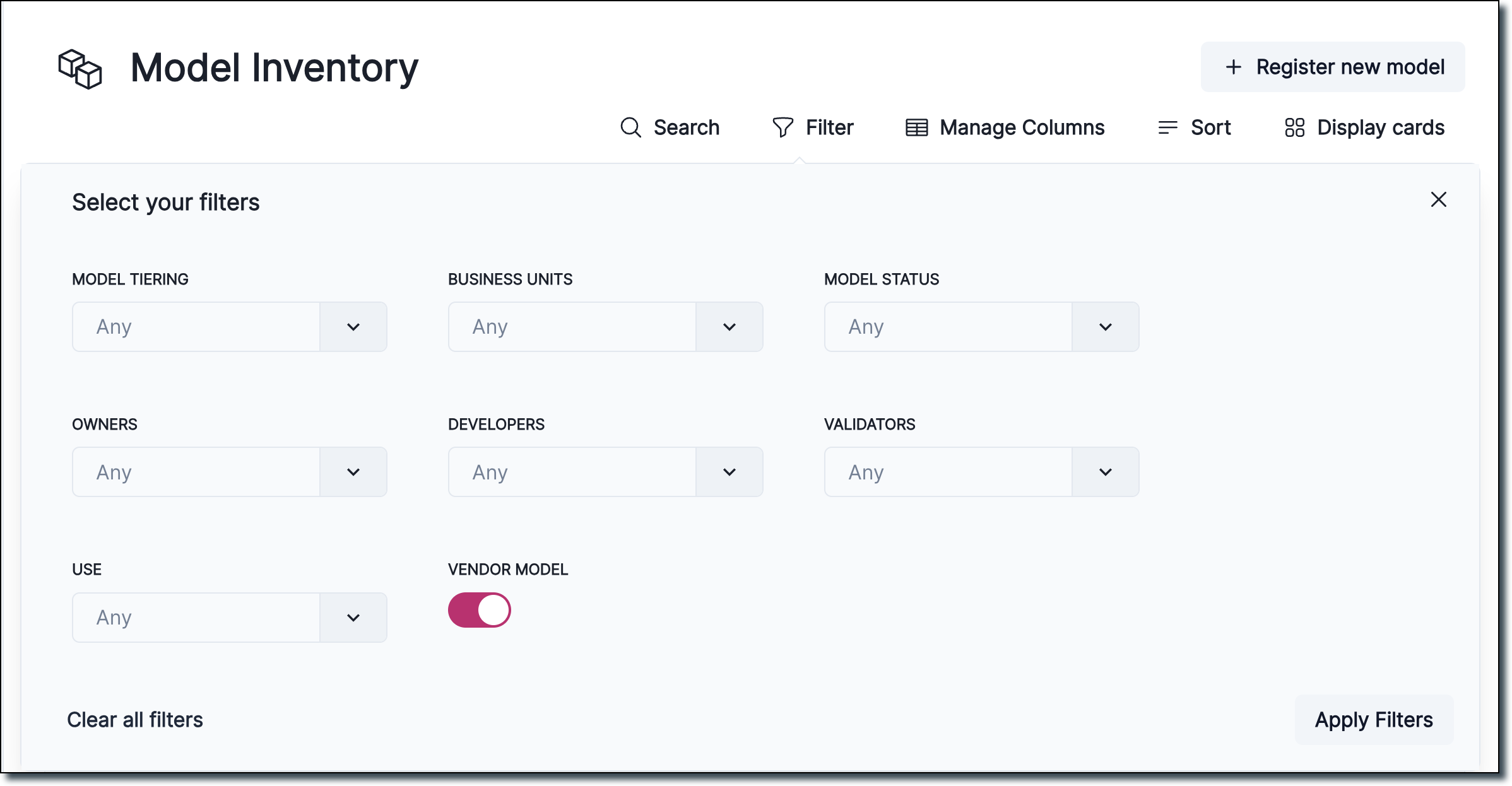 A screenshot showing model inventory filtering options