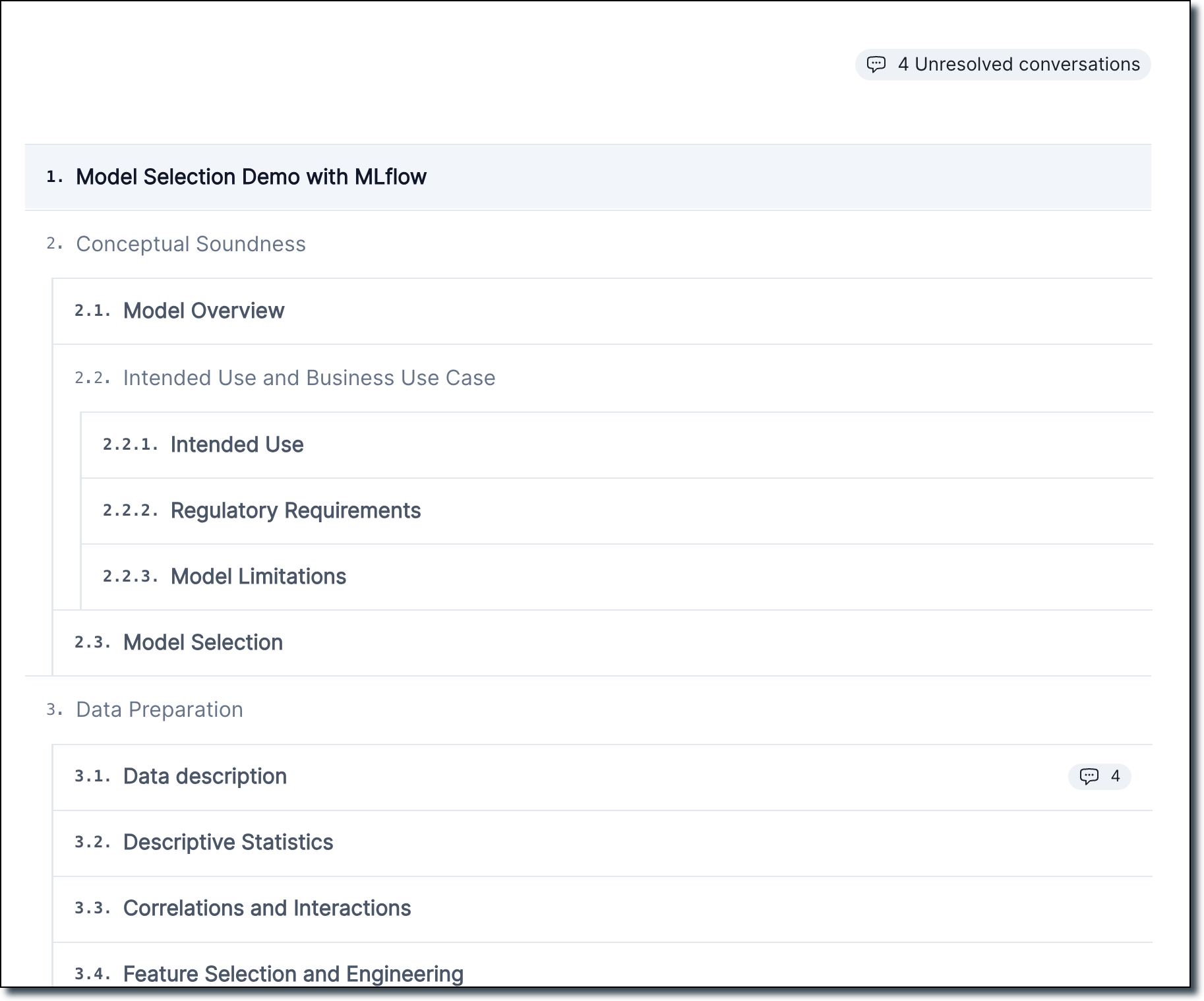 A screenshot showing the new documentation outline page, with numbered model documentation sections from 1. to 3.4