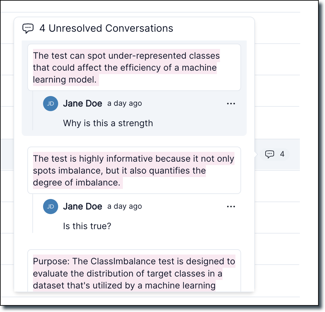 A screenshot showing four unresolved conversation between model developers or validator