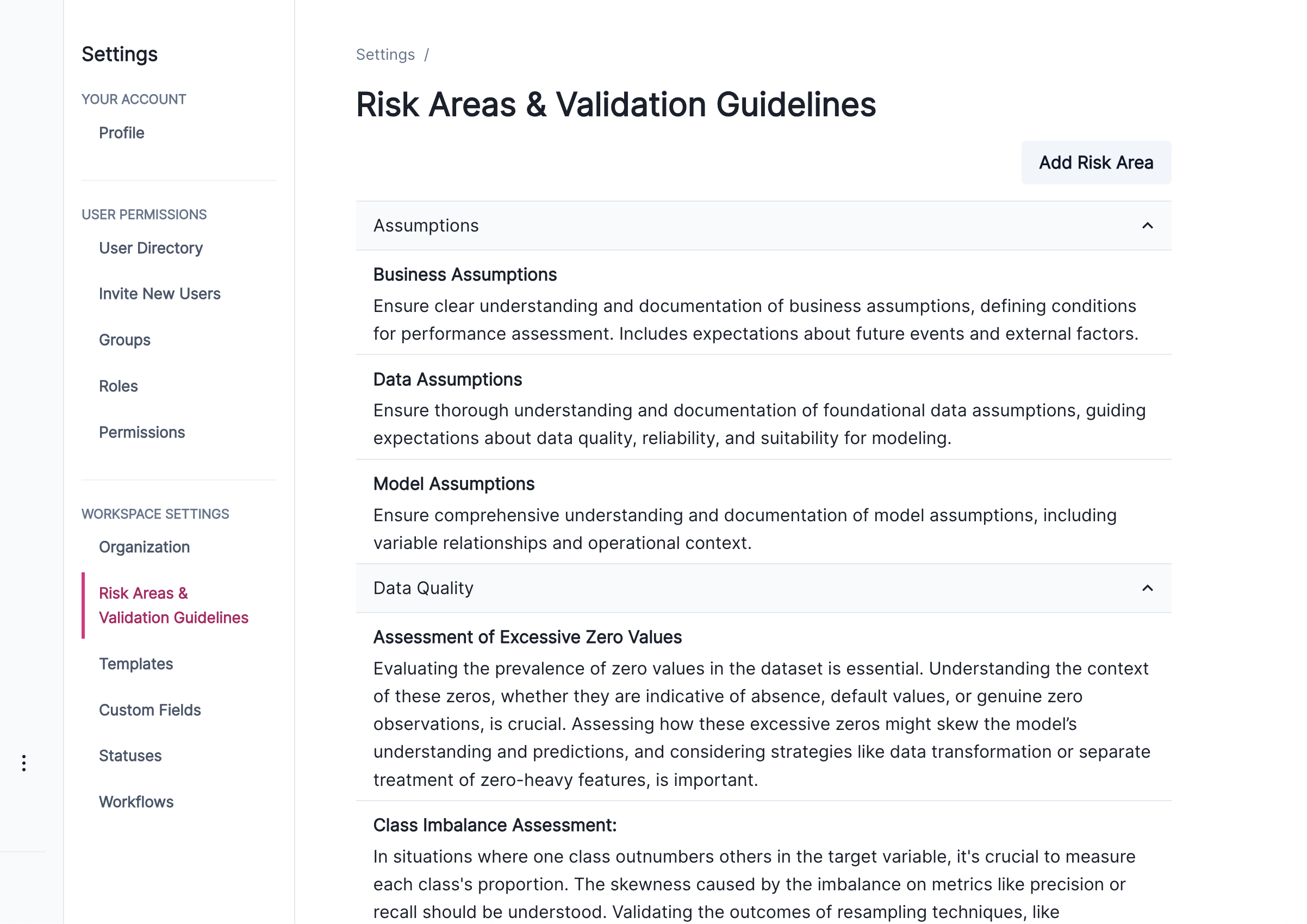 A screenshot showing the Risk Areas & Validation Guidelines in Workspace Settings