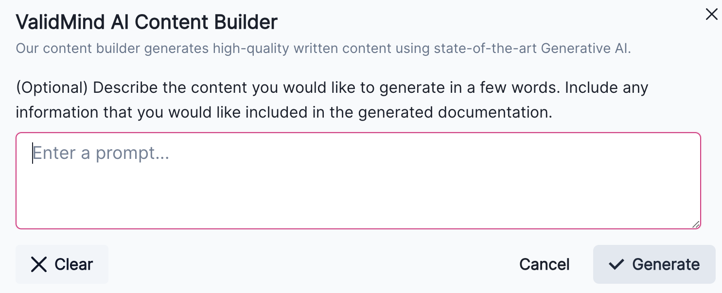 A screenshot showing the ValidMind AI Content Builder modal with the optional prompt box