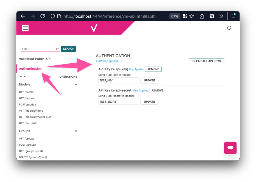 A web interface displaying an API authentication management page with a white background. On the left, a sidebar menu with a pink header includes items like ValidMind Public API, Authentication, and various models and groups. The main section titled Authentication shows two API keys labeled API Key (api-key) and API Key (api-secret), each with blue Applied status indicators and buttons labeled Remove and Update. A button labeled Clear All API Keys is positioned on the right above the keys. The top navigation bar includes a search field with a green Search button and a pink logo on the left.