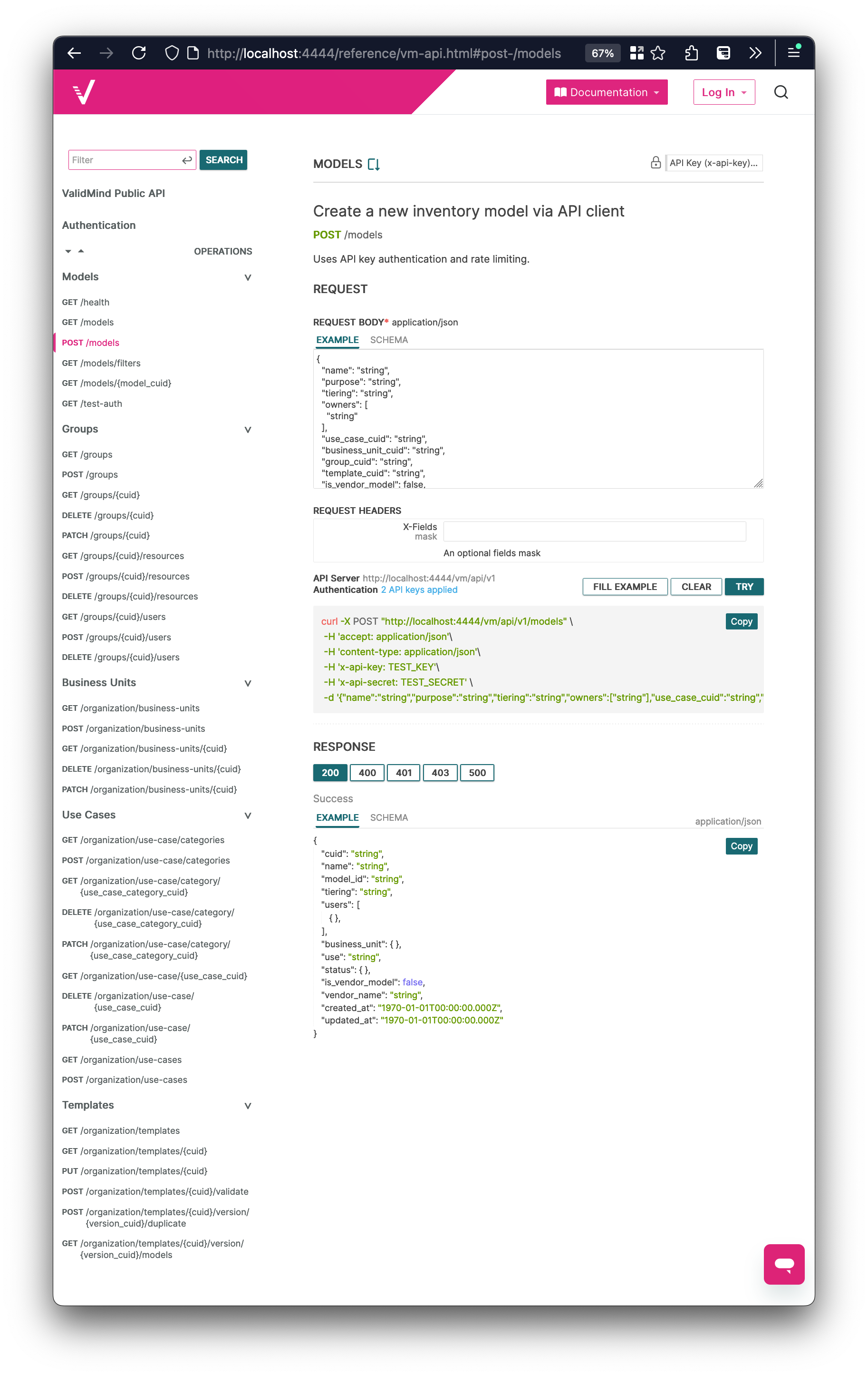 A web interface displaying API documentation for creating a new inventory model via an API client. The page header includes a search bar and navigation links for Documentation and API Reference. The main content area is titled Models and includes a section for creating a new inventory model with a POST method to the endpoint /models. Below, there are expandable sections for Request Body and Response, with code examples in JSON format. The left sidebar lists various API endpoints and authentication details, with a pink background highlighting the active section.