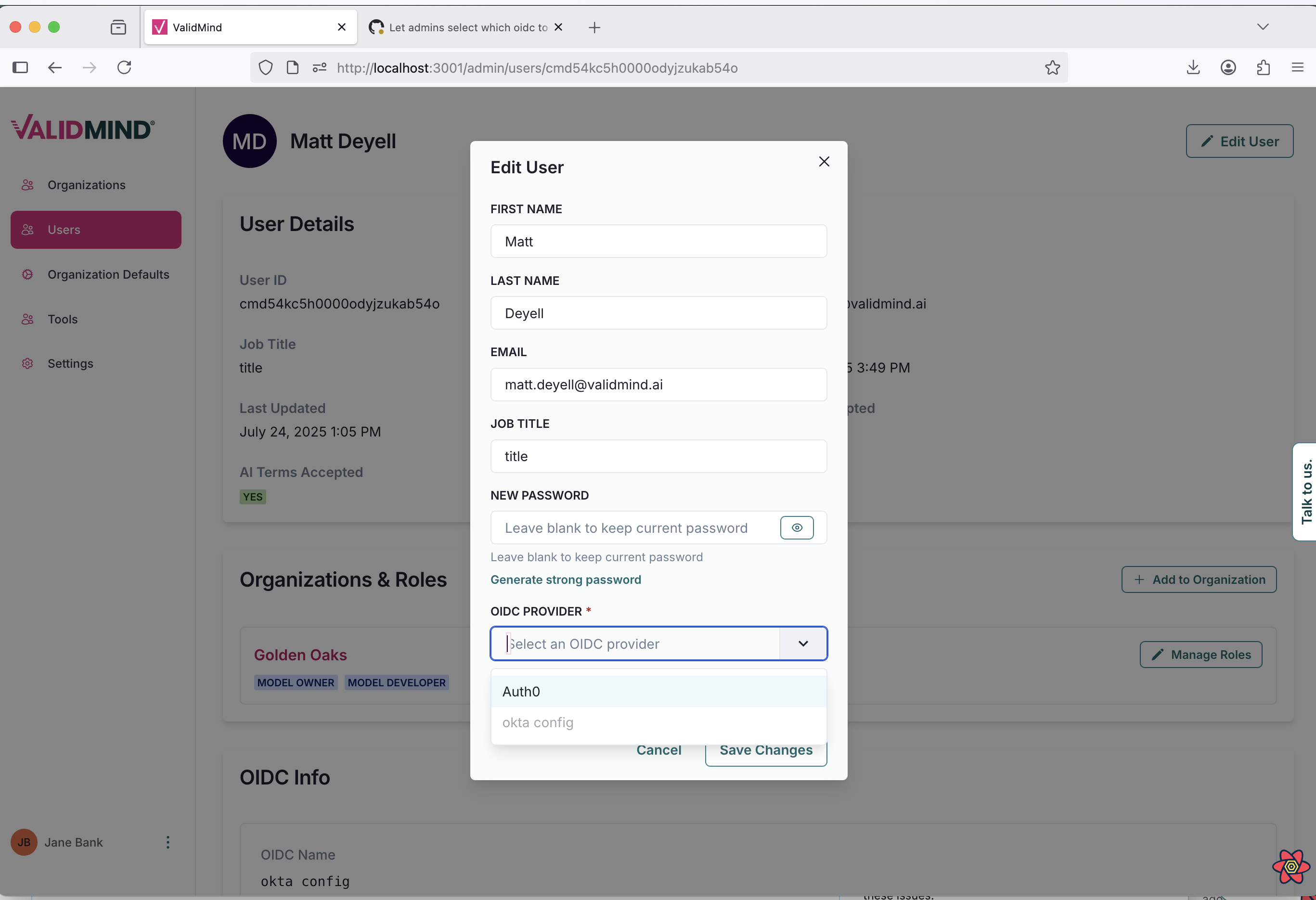 A web interface displaying a user profile page titled User Details with a sidebar on the left featuring menu items like Dashboard, Users, and Organizations & Roles. The main section shows a user card with the name and email, followed by a section for Organizations & Roles listing Golden Oaks with roles Model Owner and Model Developer. A modal window titled Edit User is centered on the page, containing fields for First Name, Last Name, Email, and New Password, with a dropdown menu labeled OIDC Provider offering options like Auth0. The modal includes buttons labeled Cancel and Save Changes at the bottom right. The page has a white background with purple accents and a navigation bar at the top.