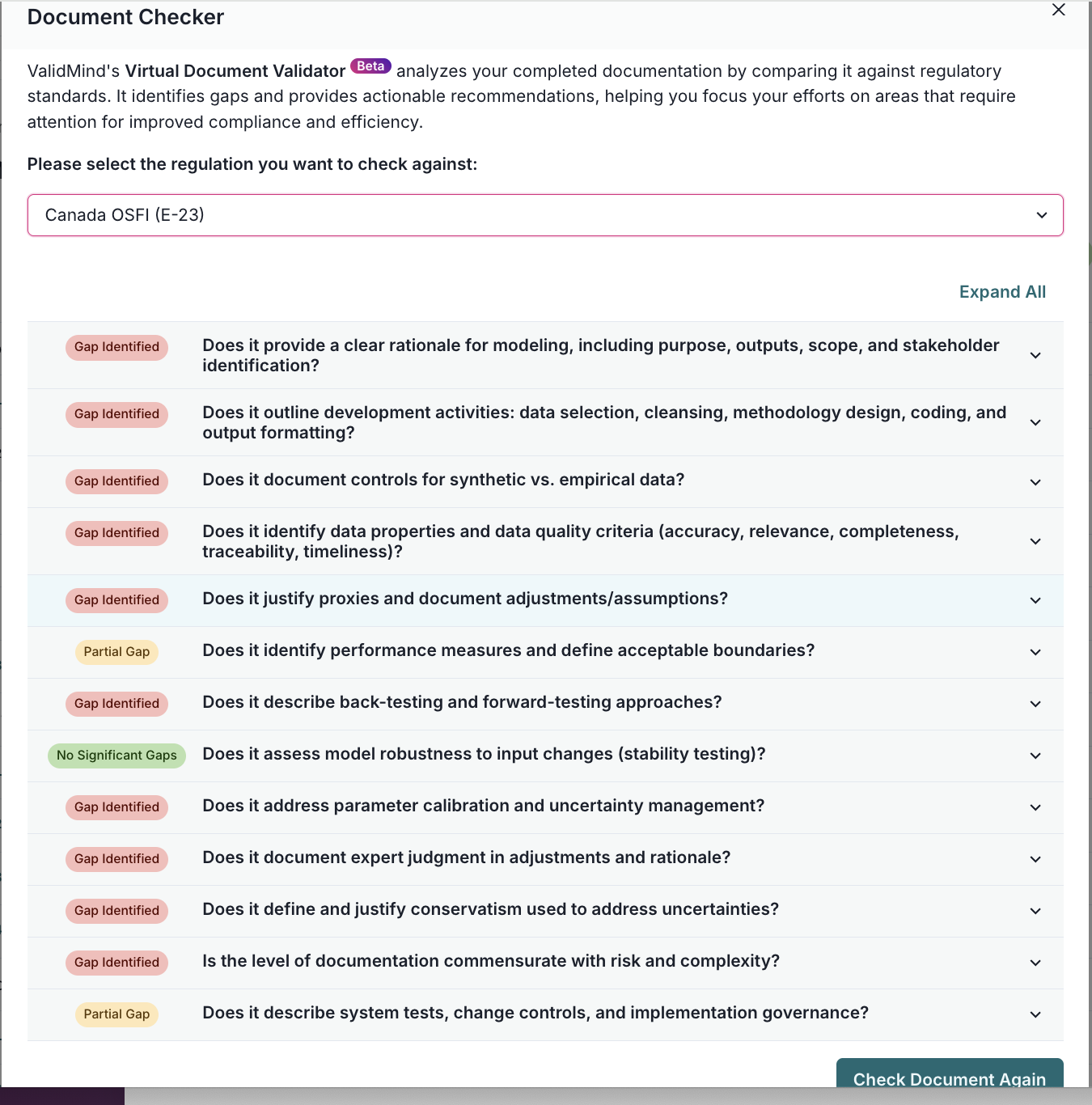 A user interface titled Document Checker displays a list of validation criteria against Canada OSFI (E-23) with a purple header. The interface includes a series of questions related to document validation, each accompanied by a red icon labeled Gap Identified. Questions cover topics like rationale for modeling, data selection, and performance adjustments. A blue button labeled Check Document Again is located in the bottom right corner. The layout uses a white background with black text and purple accents for emphasis. An Expand All option is available at the top of the list for viewing detailed information.