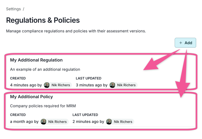A screenshot of a sample regulation and policy that have been added to the settings, with the Add button highlighted.