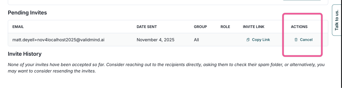 A web interface titled Invite New Users is displayed, featuring a section for inviting users by email. The interface includes a text field labeled Email with a placeholder example@example.com and a dropdown menu labeled Group with an option to select a group. A blue Send Invite button is positioned to the right. Below, there is a section titled Pending Invites with columns for Email, Date Sent, Group, Role, and an Actions column containing a link to Copy Link. Further down, the Invite History section lists previously accepted invites with a note about checking spam folders if necessary.