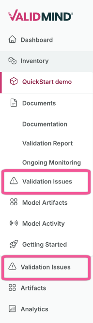 A screenshot of the navigation sidebar with the Validation Issues section highlighted.