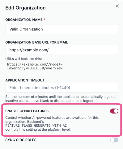 A screenshot of the Enable GenAI Features toggle in the Edit Organization modal.