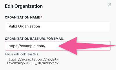 An interface section titled Emails base URL contains instructions stating that when the URL is set, all emails from ValidMind will use the specified base URL. Below the instructions, there is a text field labeled Base URL with the placeholder text https://example.com// outlined in red. Underneath, an example URL format is shown, demonstrating how URLs will appear with the base URL applied. At the bottom left, there is a Clear Base Url link, and on the bottom right, a teal Update Base Url button.