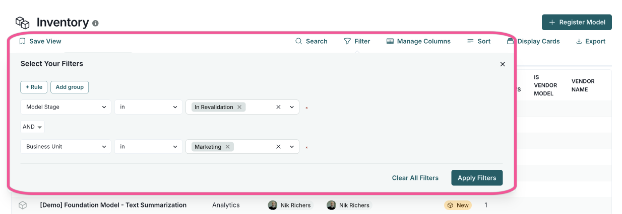 A screenshot of the new filter dialog. The dialog includes buttons to add new filtering criteria that support rules and groups.