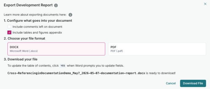 Export Development Report dialog showing Include tables and figures appendix option