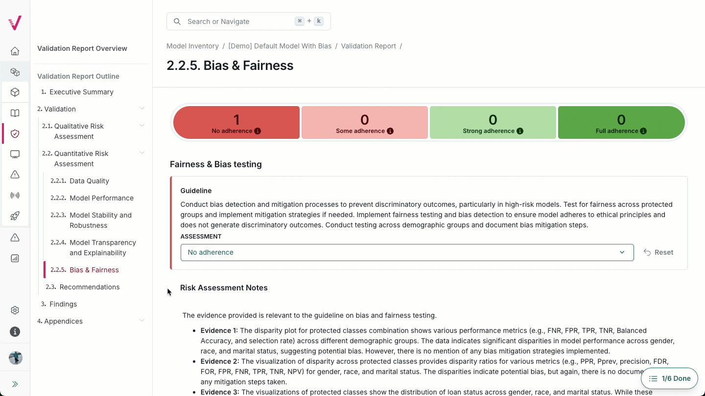 An animation of a validation report being scrolled through on the ValidMind Platform to assess compliance. The reviewer then changes the assessment from No Adherence to Some Adherence in the dropdown menu