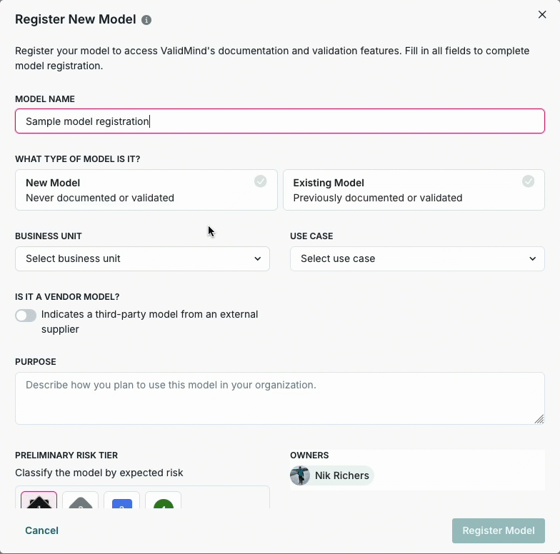 An animation of the registration process as you step through a series of classification drop-down menus